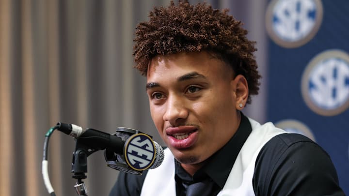 Jul 14, 2025; Atlanta, GA, USA; Vanderbilt Commodores safety Randon Fontenette answers media day questions during SEC Media Day at Omni Atlanta Hotel. Mandatory Credit: Jordan Godfree-Imagn Images