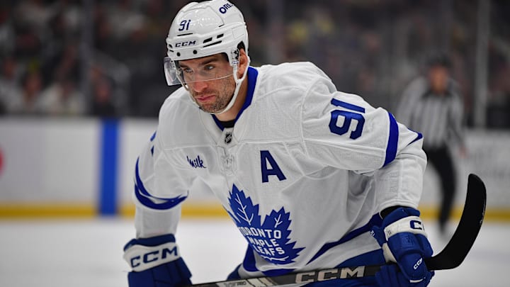 Apr 4, 2026; Los Angeles, California, USA; Toronto Maple Leafs center John Tavares (91) against the Los Angeles Kings during the first period at Crypto.com Arena. Mandatory Credit: Gary A. Vasquez-Imagn Images