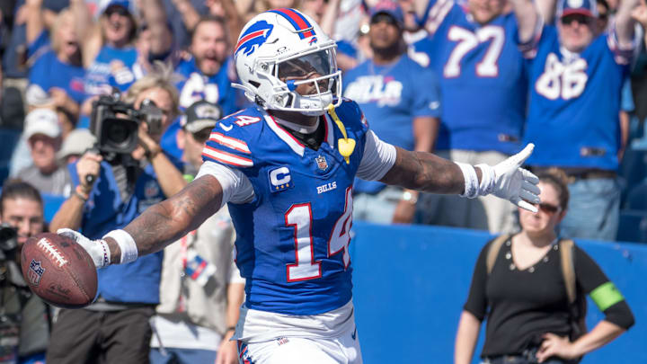 Oct 1, 2023; Orchard Park, New York, USA; Buffalo Bills wide receiver Stefon Diggs (14) scores a