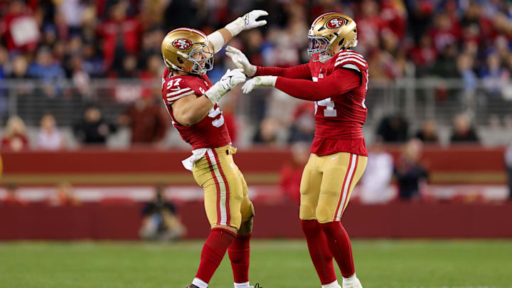 Dec 30, 2024; Santa Clara, California, USA; San Francisco 49ers defensive end Nick Bosa (97) and defensive end Yetur Gross-Matos (94) during the game against the Detroit Lions at Levi's Stadium. Mandatory Credit: Sergio Estrada-Imagn Images