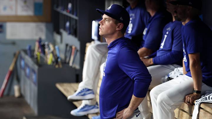 Jul 31, 2026; Los Angeles, California, USA;  Los Angeles Dodgers catcher Will Smith (16) watches a game from the dugout during the ninth inning against the Boston Red Sox at Dodger Stadium. Mandatory Credit: Kiyoshi Mio-Imagn Images