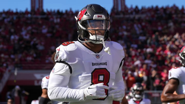 Nov 19, 2023; Santa Clara, California, USA; Tampa Bay Buccaneers linebacker SirVocea Dennis (8) before the game against the San Francisco 49ers at Levi's Stadium. Mandatory Credit: Darren Yamashita-USA TODAY Sports
