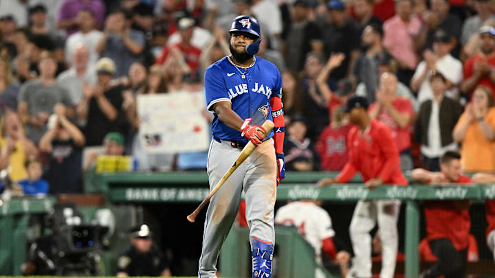 Boston, Massachusetts, USA; Toronto Blue Jays first baseman Vladimir Guerrero Jr. (27) walks off of the field after a game against the Boston Red Sox at Fenway Park. Boston, Massachusetts, USA; Toronto Blue Jays first baseman Vladimir Guerrero Jr. (27) walks off of the field after a game against the Boston Red Sox at Fenway Park.
