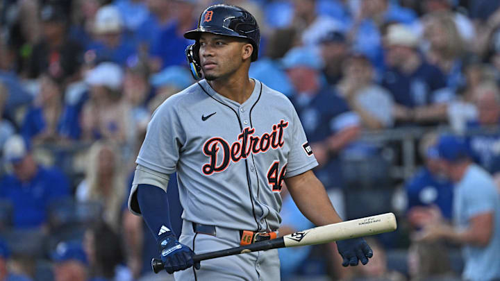 Detroit Tigers center fielder Wenceel Perez (46) reacts after striking out with the bases loaded. Detroit Tigers center fielder Wenceel Perez (46) reacts after striking out with the bases loaded.