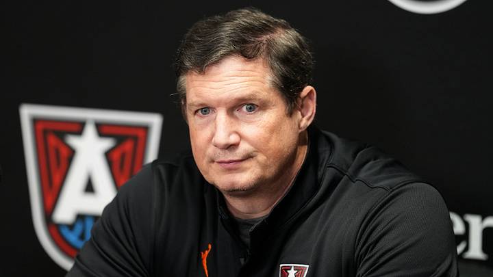Aug 24, 2026; Los Angeles, California, USA; Atlanta Dream head coach Karl Smesko at press conference at Crypto.com Arena. Mandatory Credit: Kirby Lee-Imagn Images
