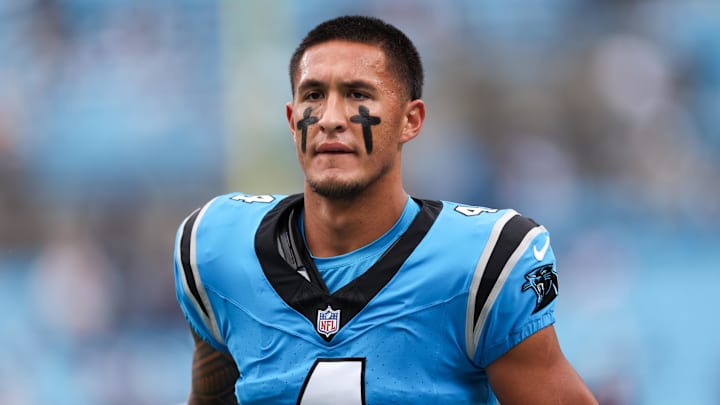 Carolina Panthers wide receiver Tetairoa McMillan (4) looks on during warm ups prior to the game against the Dallas Cowboys at Bank of America Stadium. Carolina Panthers wide receiver Tetairoa McMillan (4) looks on during warm ups prior to the game against the Dallas Cowboys at Bank of America Stadium.