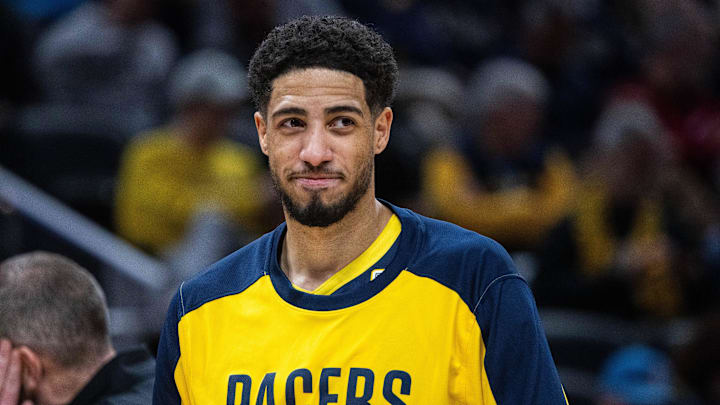Jan 8, 2025; Indianapolis, Indiana, USA; Indiana Pacers guard Tyrese Haliburton (0) in the second half against the Chicago Bulls at Gainbridge Fieldhouse. Mandatory Credit: Trevor Ruszkowski-Imagn Images