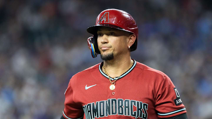 Apr 19, 2026; Phoenix, Arizona, USA; Arizona Diamondbacks infielder Ildemaro Vargas in the fourth inning against the Toronto Blue Jays at Chase Field. Mandatory Credit: Mark J. Rebilas-Imagn Images
