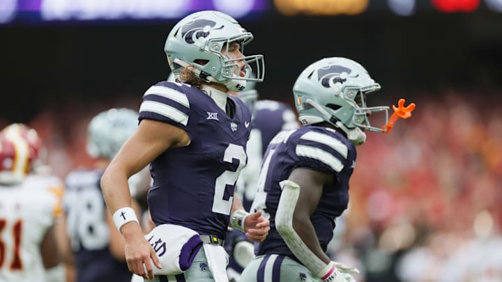 Aug 23, 2025; Dublin, IRELAND; Kansas State quarterback Avery Johnson scores a touchdown during the Aer Lingus Classic between Iowa State and Kansas State at Aviva Stadium. Mandatory Credit: Laszlo Geczo/INPHO via Imagn Images