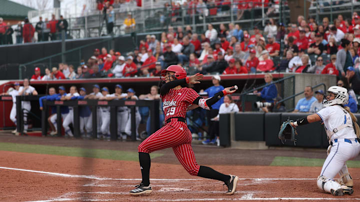Nebraska softball's Samantha Bland homers in an 8-2 win over Creighton on April 9, 2025.