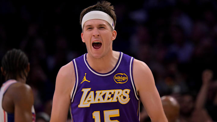 Feb 5, 2026; Los Angeles, California, USA; Los Angeles Lakers guard Austin Reaves (15) reacts at the buzzer defeating the Philadelphia 76ers at Crypto.com Arena. Feb 5, 2026; Los Angeles, California, USA; Los Angeles Lakers guard Austin Reaves (15) reacts at the buzzer defeating the Philadelphia 76ers at Crypto.com Arena.