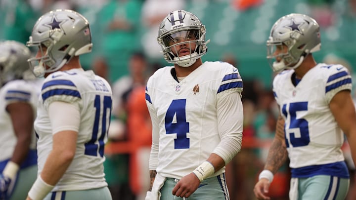 Dallas Cowboys quarterback Dak Prescott (4) warms-up before the NFL game against the Miami Dolphins