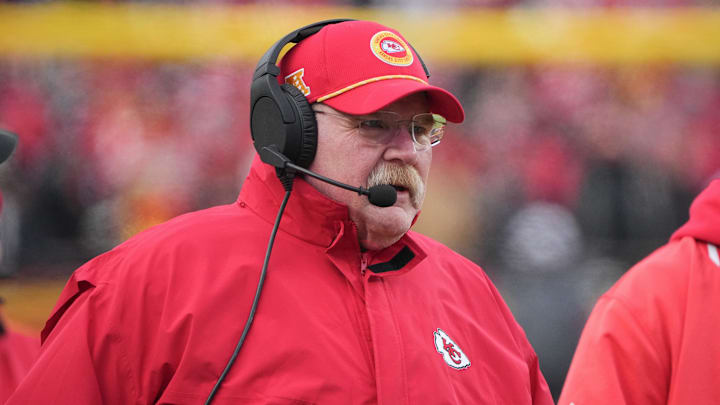 Jan 18, 2025; Kansas City, Missouri, USA; Kansas City Chiefs head coach Andy Reid on the sidelines against the Houston Texans during the first half of a 2025 AFC divisional round game at GEHA Field at Arrowhead Stadium.
