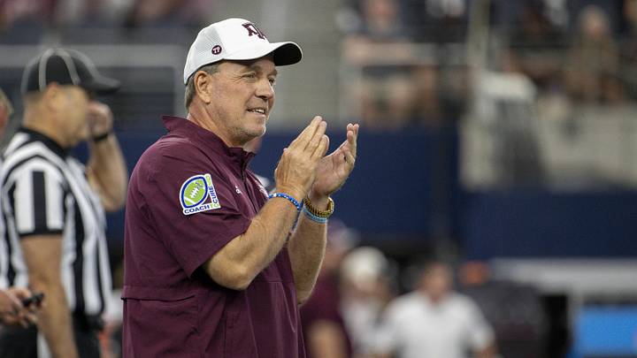 Texas A&M Aggies head coach Jimbo Fisher before the game between the Texas A&M Aggies and the Arkansas Razorbacks at AT&T Stadium. Texas A&M Aggies head coach Jimbo Fisher before the game between the Texas A&M Aggies and the Arkansas Razorbacks at AT&T Stadium.