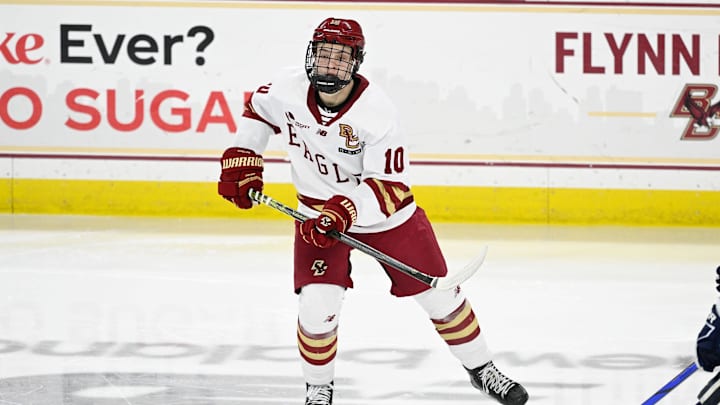 Feb 28, 2025; Chestnut Hill, MA, USA; Boston College forward James Hagens (10) skates against the University of New Hampshire Wildcats during the second period at Conte Forum. Mandatory Credit: Eric Canha-Imagn Images