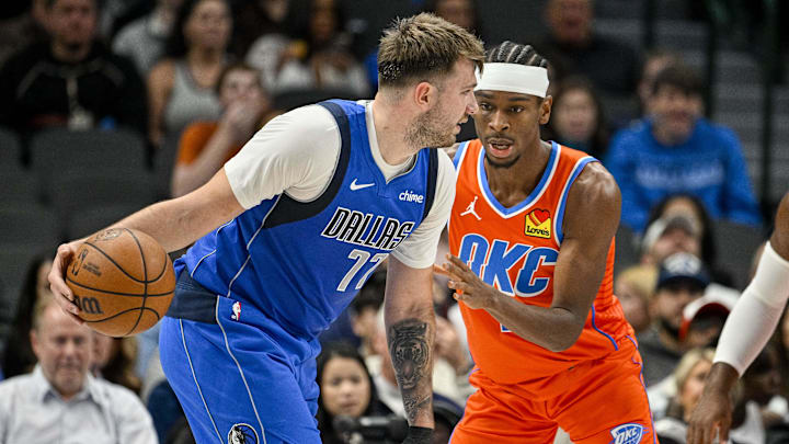 Dec 2, 2023; Dallas, Texas, USA; Dallas Mavericks guard Luka Doncic (77) and Oklahoma City Thunder
