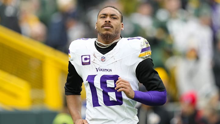 Nov 23, 2025; Green Bay, Wisconsin, USA;  Minnesota Vikings wide receiver Justin Jefferson (18) during the game against the Green Bay Packers at Lambeau Field. 