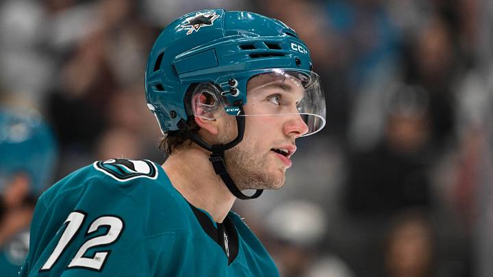 Apr 4, 2026; San Jose, California, USA; San Jose Sharks left winger William Eklund (72) looks on against the Nashville Predators in the second period at SAP Center at San Jose. Mandatory Credit: Eakin Howard-Imagn Images