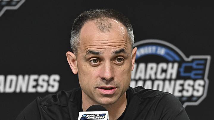 Mar 25, 2026; Houston, TX, USA; Iowa Hawkeyes head coach Ben McCollum speaks during a practice session press conference ahead of the south regional of the men's 2026 NCAA Tournament at Toyota Center. Mandatory Credit: Maria Lysaker-Imagn Images
