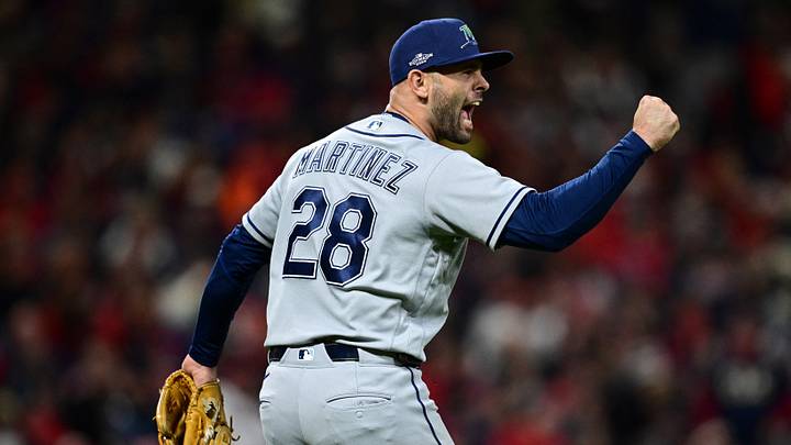 Oct 17, 2026; Cleveland, Ohio, USA; Tampa Bay Rays starting pitcher Nick Martinez (28) reacts to a defensive play made by infielder Taylor Walls (not pictured) against the Cleveland Guardians during the fifth inning in game four of the ALCS for the 2026 MLB Playoffs at Progressive Field. Mandatory Credit: David Dermer-Imagn Images Oct 17, 2026; Cleveland, Ohio, USA; Tampa Bay Rays starting pitcher Nick Martinez (28) reacts to a defensive play made by infielder Taylor Walls (not pictured) against the Cleveland Guardians during the fifth inning in game four of the ALCS for the 2026 MLB Playoffs at Progressive Field. Mandatory Credit: David Dermer-Imagn Images