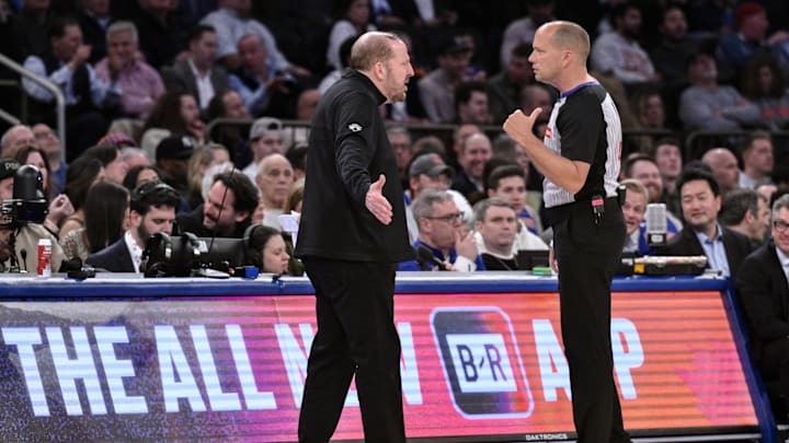 Apr 8, 2025; New York, New York, USA; New York Knicks head coach Tom Thibodeau discussed a call with referee John Goble (10) during the first half against the Boston Celtics at Madison Square Garden. Mandatory Credit: John Jones-Imagn Images