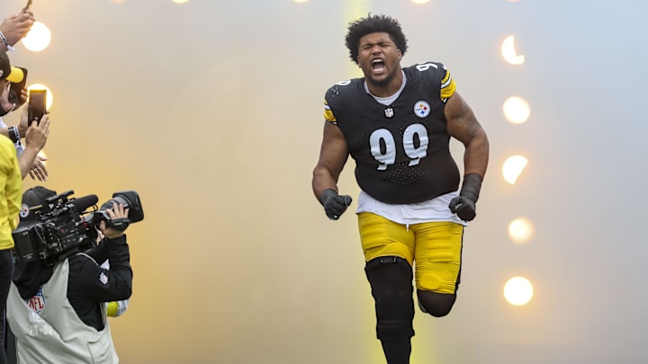 Oct 12, 2025; Pittsburgh, Pennsylvania, USA; Pittsburgh Steelers defensive tackle Derrick Harmon (99) runs on to the field before the game at Acrisure Stadium. Mandatory Credit: Charles LeClaire-Imagn Images Oct 12, 2025; Pittsburgh, Pennsylvania, USA; Pittsburgh Steelers defensive tackle Derrick Harmon (99) runs on to the field before the game at Acrisure Stadium. Mandatory Credit: Charles LeClaire-Imagn Images