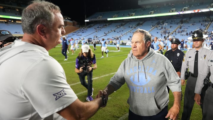 Sep 1, 2025; Chapel Hill, North Carolina, USA; North Carolina Tar Heels head coach Bill Belichick with TCU Horned Frogs head coach Sonny Dykes after the game at Kenan Stadium. Mandatory Credit: Bob Donnan-Imagn Images