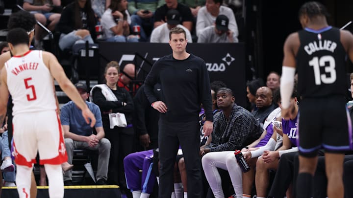 Mar 27, 2025; Salt Lake City, Utah, USA; Utah Jazz head coach Will Hardy looks on against the Houston Rockets during the first half at Delta Center. Mandatory Credit: Rob Gray-Imagn Images