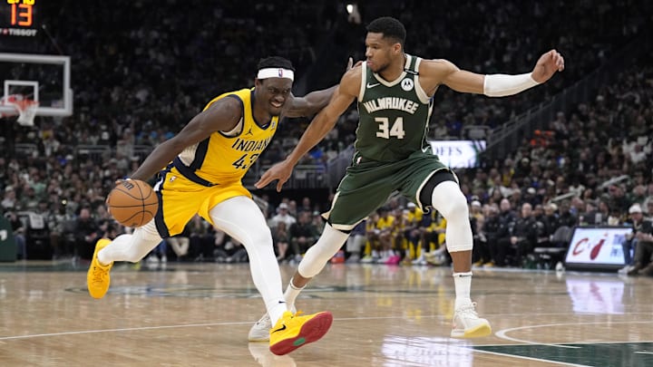 Apr 25, 2025; Milwaukee, Wisconsin, USA; Indiana Pacers forward Pascal Siakam (43) against Milwaukee Bucks forward Giannis Antetokounmpo (34) in the first half during game three of first round for the 2024 NBA Playoffs at Fiserv Forum. Mandatory Credit: Michael McLoone-Imagn Images