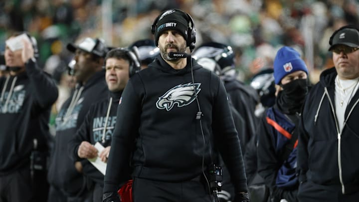 kDec 20, 2025; Landover, Maryland, USA; Philadelphia Eagles head coach Nick Sirianni looks on during the first half against the Washington Commanders at Northwest Stadium. Mandatory Credit: Amber Searls-Imagn Images