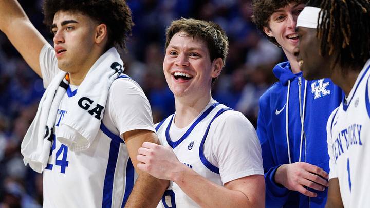 Nov 26, 2025; Lexington, Kentucky, USA; Kentucky Wildcats forward Trent Noah (9) reacts after forward Zach Tow makes a free throw during the second half against the Tennessee Tech Golden Eaglesat Rupp Arena at Central Bank Center. Mandatory Credit: Jordan Prather-Imagn Images