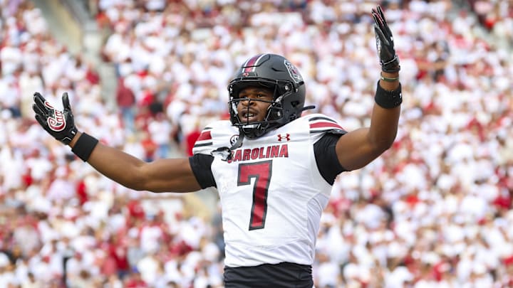 Oct 19, 2024; Norman, Oklahoma, USA;  South Carolina Gamecocks defensive back Nick Emmanwori (7) reacts after returning an interception for a touchdown during the first half against the Oklahoma Sooners at Gaylord Family-Oklahoma Memorial Stadium. 
