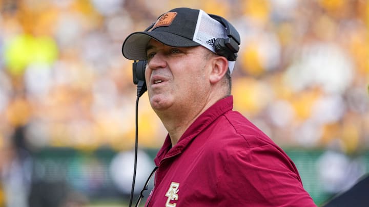 Sep 14, 2024; Columbia, Missouri, USA; Boston College Eagles head coach Bill O'Brien watches the replay board against the Missouri Tigers during the first half at Faurot Field at Memorial Stadium. Mandatory Credit: Denny Medley-Imagn Images