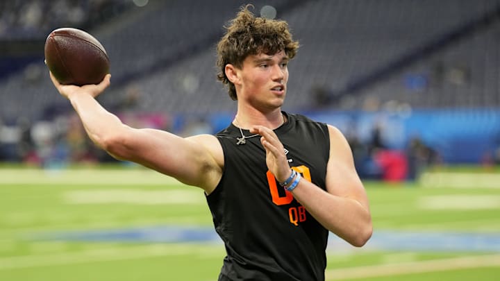 Feb 28, 2026; Indianapolis, IN, USA; Penn State quarterback Drew Allar (QB02) during the NFL Scouting Combine at Lucas Oil Stadium. Mandatory Credit: Kirby Lee-Imagn Images