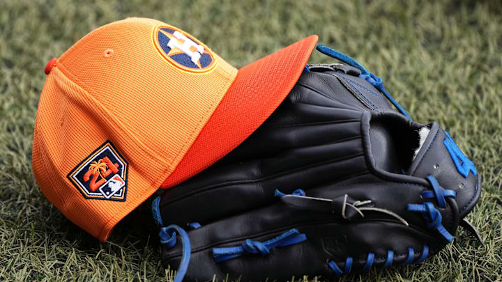 Feb 17, 2024; West Palm Beach, FL, USA; Detail photo of Houston Astros spring training cap. during workouts at spring training. 