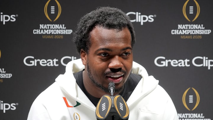 Jan 17, 2026; Miami, Florida, USA; Miami Hurricanes defensive lineman Rueben Bain Jr. during media day for the 2025 College Football Playoff National Championship at Miami Beach Convention Center. Mandatory Credit: Kirby Lee-Imagn Images
