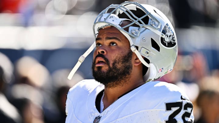 Oct 22, 2023; Chicago, Illinois, USA;  Las Vegas Raiders guard Jermaine Eluemunor (72) heads to the locker room after warming up before a game against the Chicago Bears at Soldier Field. Mandatory Credit: Jamie Sabau-USA TODAY Sports