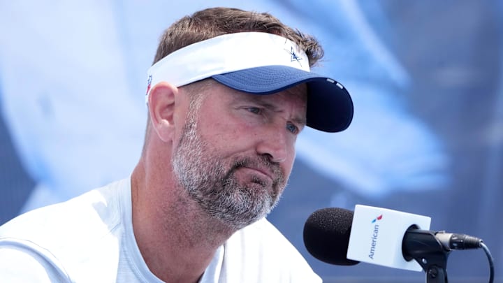Dallas Cowboys coach Brian Schottenheimer at training camp press conference at the River Ridge Fields.