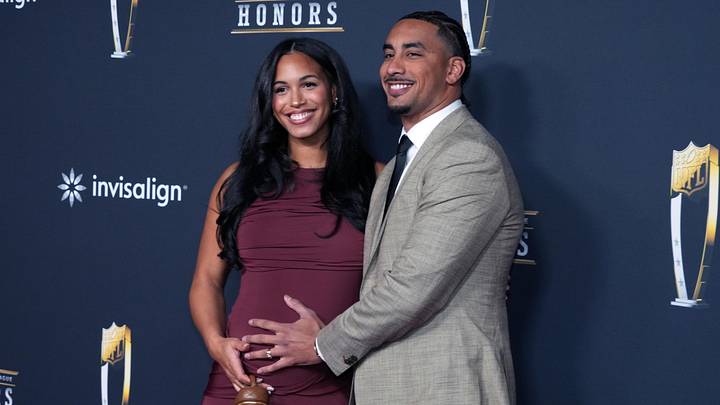 Feb 5, 2026; San Francisco, CA, USA; Green Bay Packers quarterback Jordan Love (right) and his wife Ronika Stone pose on the NFL Honors Red Carpet before Super Bowl LX at Palace of Fine Arts. Mandatory Credit: Kirby Lee-Imagn Images