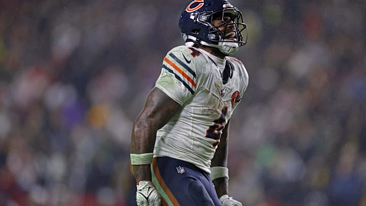Oct 13, 2025; Landover, Maryland, USA; Chicago Bears running back D'Andre Swift (4) reacts to a first down during the fourth quarter against the Washington Commanders at Northwest Stadium. Mandatory Credit: Peter Casey-Imagn Images