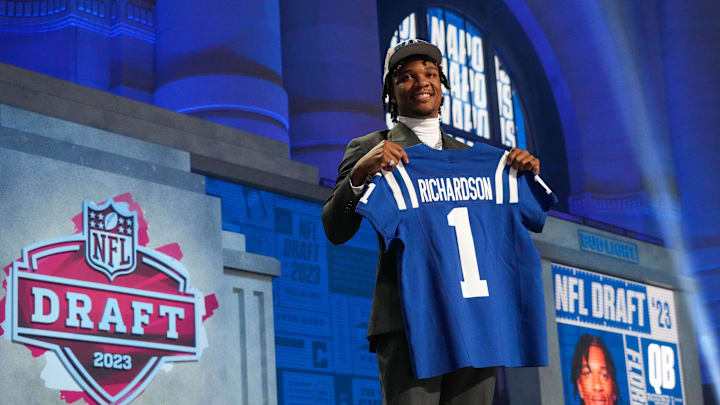 Apr 27, 2023; Kansas City, MO, USA;  Florida quarterback Anthony Richardson on stage after being