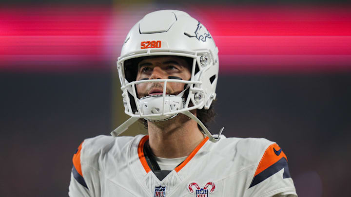 Dec 25, 2025; Kansas City, Missouri, USA; Denver Broncos quarterback Jarrett Stidham (8) prior to a game against the Kansas City Chiefs at GEHA Field at Arrowhead Stadium. 