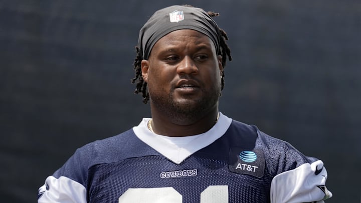 Jul 27, 2022; Oxnard, CA, USA; Dallas Cowboys defensive tackle Carlos Watkins (91) during training camp at the River Ridge Fields. Mandatory Credit: Kirby Lee-Imagn Images