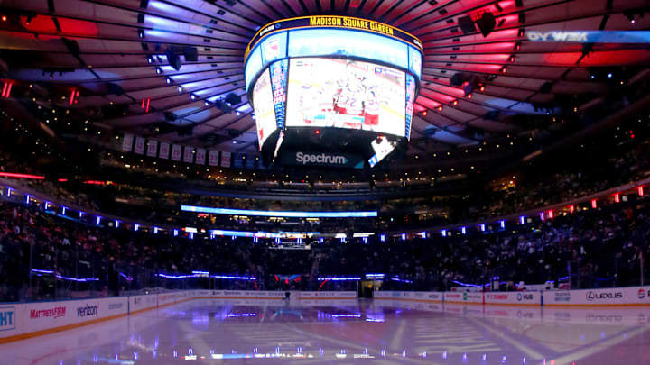Apr 1, 2024; New York, New York, USA; A general view of the ice before the first period at Madison Square Garden before a game between the New York Rangers and the Pittsburgh Penguins. Mandatory Credit: Danny Wild-Imagn Images Apr 1, 2024; New York, New York, USA; A general view of the ice before the first period at Madison Square Garden before a game between the New York Rangers and the Pittsburgh Penguins. Mandatory Credit: Danny Wild-Imagn Images