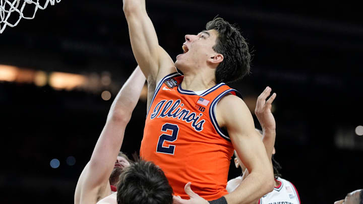 Illinois Fighting Illini guard Andrej Stojakovic (2) gets the shot to fall Saturday, April 4, 2026, during a Final Four game against the UConn Huskies at Lucas Oil Stadium in Indianapolis.