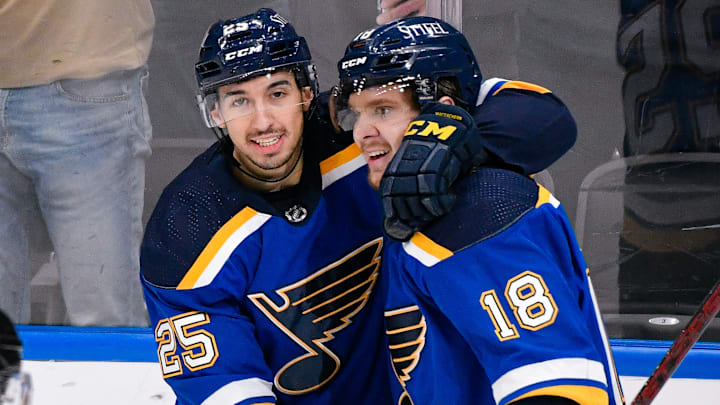 St. Louis Blues players Jordan Kyrou and Robert Thomas St. Louis Blues players Jordan Kyrou and Robert Thomas