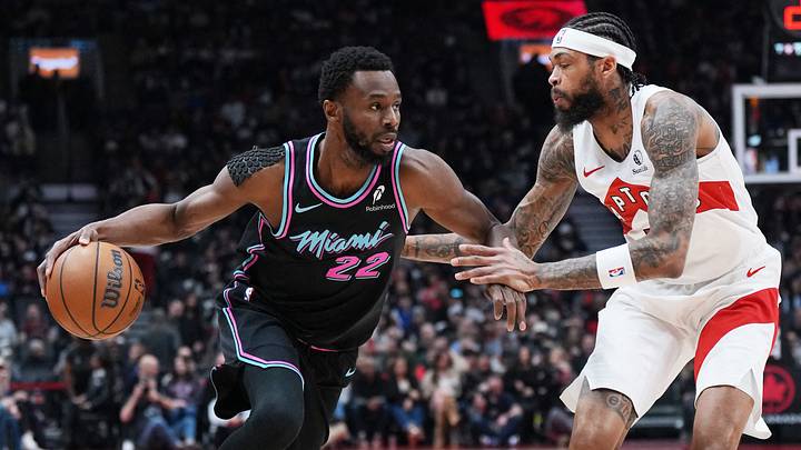 Apr 7, 2026; Toronto, Ontario, CAN; Miami Heat forward Andrew Wiggins (22) controls the ball as Toronto Raptors forward Brandon Ingram (3) defends during the first quarter at Scotiabank Arena. Mandatory Credit: Nick Turchiaro-Imagn Images Apr 7, 2026; Toronto, Ontario, CAN; Miami Heat forward Andrew Wiggins (22) controls the ball as Toronto Raptors forward Brandon Ingram (3) defends during the first quarter at Scotiabank Arena. Mandatory Credit: Nick Turchiaro-Imagn Images