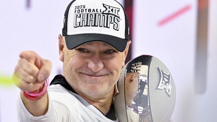 Dec 6, 2025; Arlington, TX, USA; Texas Tech Red Raiders head coach Joey McGuire celebrates after the win against the BYU Cougars at AT&T Stadium. Mandatory Credit: Jerome Miron-Imagn Images