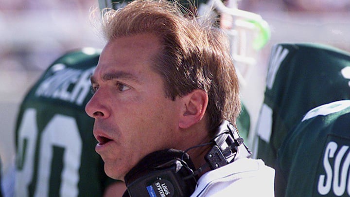 September 14, 1999; East Lansing, MI; An angry Nick Saban questions his players after Eastern Michigan scored a touchdown by pass against MSU late in the game. 