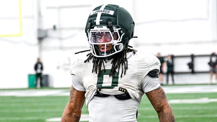 Michigan State's Cam Edwards looks on during spring football practice on Tuesday, March 24, 2026, in East Lansing.